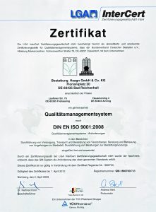 Zertifikat für Bestattung Haagn über Qualitätsmanagement nach DIN EN ISO 9001:2008